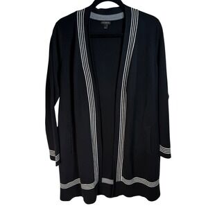 Talbots Black White Striped Trim Longline Cardigan L Pocket Nautical Coast Knit